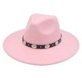 Detailed shot of pink felt fedora with a black band and silver metal stud accents - Pink