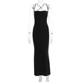 Detail of elegant black bodycon dress with criss-cross halter straps and fishtail hem - S / Black
