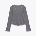 Women's V-neck long sleeve grey knit cardigan with tiered ruffles and fishtail hem - S / Light Gray