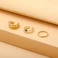 Three-piece gold-tone titanium steel ring set with blue stone and vintage textures - ZJ018-Blue Gemstone Enamel Gold 3-Piece Set