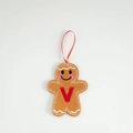 Brown gingerbread man felt ornament with red embroidered letter V and silk hanging ribbon - Letter V