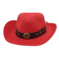 Red straw western cowboy hat with brown leather band and vintage metal floral buckle - One Size (Approx. 56-58cm) / Red (Clover Belt + Windproof Rope)