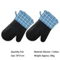 Blue plaid heat resistant silicone oven mitts set with anti-slip grip and cotton lining - Left and Right Hand Combination / Full Silicone Palm Blue Grid