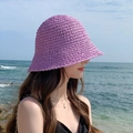 Light purple hand-woven straw bucket hat with hollow pattern for summer beach sun protection - M (56-58cm) / Purple