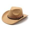 Detail of camel wool western hat with satin band and braided cord with metal pendant - M (56-58cm) / Camel
