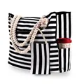 Macro detail of large striped canvas tote with braided rope handles and small pouch - Black and White Stripes Set