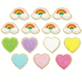 Regenboog en hart chenille patches met gouden glitter rand in diverse pastelkleuren - 14-delige Set