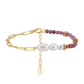 Bohemian S925 silver bracelet featuring purple beads and white freshwater pearls - Paperclip Chain Purple Bead Style (MPB05-14K)