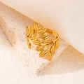 18K gold plated stainless steel open ring with floral leaf pattern on stone base - Leaf Gold 74