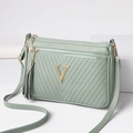 Light green quilted crossbody bag with metal V logo, stylish multi-zipper shoulder bag for women. - Smoke Green