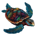 Irregular wooden jigsaw puzzle featuring a vibrant multi-colored sea turtle design - S / Turtle - Plastic Box