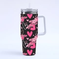 40oz stainless steel tumbler with handle and straw featuring pink hearts on black - r171 / 40oz