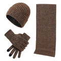 Three-piece winter knit set with beanie, scarf, and touch gloves in dark brown marl - Khaki (No Label)