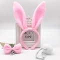 Three-piece bunny set with pink plush ears headband, bow tie, and white fluffy tail - Full Pink Plush
