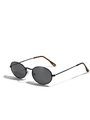 Gafas de sol ovaladas vintage con montura de metal negro y patillas de carey en fondo blanco - Montura Negra Lente Gris