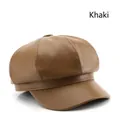 Khaki leather newsboy cap with premium PU texture and six-panel octagonal design - Khaki