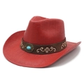 Red western straw cowboy hat with embroidered turquoise band on a white background - M (56-58cm) / Red