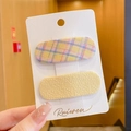 Two-piece children's hair clip set featuring yellow textured fabric and plaid patterns - Fabric Wrapped Clip (3291) / 2 Pcs/Set / Yellow