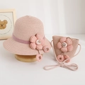 Pink children's straw hat and mini bag set with fabric flowers and cherry charms - Hat + Bag Set / Pink