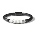 Black braided leather bracelet with 8mm white tiger eye stones and magnetic clasp - Howlite