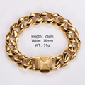 Detalle de pulsera de cadena cubana dorada de 16mm con 23cm de largo y 91g peso - Longitud 23cm / Ancho 16mm / Color Dorado 16MM