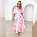 Pink floral print V-neck maxi dress with puff sleeves and A-line waist in a white scene - S / Pink Marbled