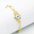 Detail showing golden paperclip chain bracelet with Hamsa Hand and Evil Eye charm - 5# Classic Blue Eye Hamsa Hand