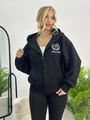 Women's black zip-up hoodie featuring white Bonne Mee athletic print and adjustable drawstrings - S / Black (Thin)
