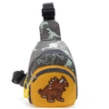 Bolso de pecho gris con dinosaurios para niños con bolsillo amarillo y parche de triceratops - Amarillo