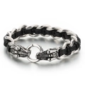 Pulsera de cuero negro trenzado con cabezas de dragón de acero y cierre de resorte - Estilo B Cuero Negro Plateado