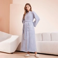 Long light blue plush bathrobe for women with white trim and waist tie detail - M / Sea Green - Women