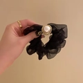 Elegant black mesh scrunchie with a large white pearl center and gold wire detail - Mesh Black