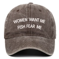 Vintage distressed baseball cap featuring Women Want Me Fish Fear Me embroidery - One Size(Adjustable) / Coffee