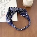 Navy blue elastic paisley headband with vintage print on rustic wood background - Navy Blue