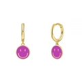 925 silver hoop earrings with 24k gold plating and purple enamel smiley face charm - Gold Purple Smiley Face (JQH0081-GG-4)