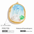 Ocean starfish seashell pendant in 18K gold stainless steel with blue enamel finish - Blue White Ocean Round Pendant (PJ91756)