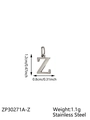 Polished stainless steel letter Z charm pendant in silver finish with size markings - Letter-Z / Steel