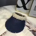 Navy blue straw sun visor hat with white pearl beads and open top design for summer - M (56-58cm) / Navy Blue