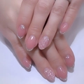 Pink French tips and silver glitter short round press-on nails shown on hands - Bz1438 Is Stunningly Beautiful. / Jelly Glue + Nail File