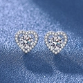 S925 silver heart stud earrings featuring a round center stone and halo diamonds - Heart Halo Studs (White Gold Tone)