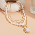 14K gold plated layered necklace with pearl beads, heart pendant and baroque pearl - 66# Necklace Gold White