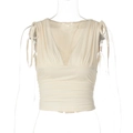 Detail of beige V-neck crop top featuring ruching accents and shoulder tie straps - S / Tie-up Ruched Style / Apricot