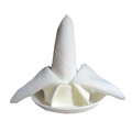 Elegant white fabric dinner napkin for hotels with decorative crown fold on a ceramic plate - Off-white