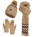 Winter knit set with beige hat, scarf and touchscreen gloves featuring pom-poms - Khaki (3-Piece Set)