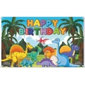 Colorful dinosaur theme happy birthday backdrop banner with vibrant cartoon illustrations - Dinosaur Birthday Backdrop