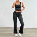 Women's black two-piece knit set featuring sleeveless crop top and high waist flared pants - Dark Gray