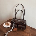 Deep coffee vintage Boston shoulder bag with glossy leather and retro double flap pockets - With Charm / Dark Coffee