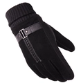Men's winter pigskin leather gloves in black with ribbed knit cuffs and metal buckle - One Size / Black A - Suede with Buckle