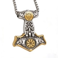 Collana con pendente Mjölnir vichingo vintage con testa di lupo bicolore e bussola norrena - Ciondolo Martello di Thor Argento e Oro (Senza Catena)