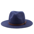 Sombrero fedora de paja azul oscuro para mujer con cinta de cuero marrón y hebilla metálica - M(56-58cm) / Azul marino